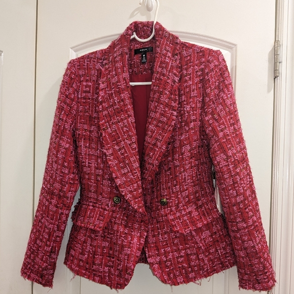 1S. NWT AQUA BLOOMINGDALES EXCLUSIVE TWEED METALLIC DOUBLE BREASTED BLAZER - Picture 3 of 8